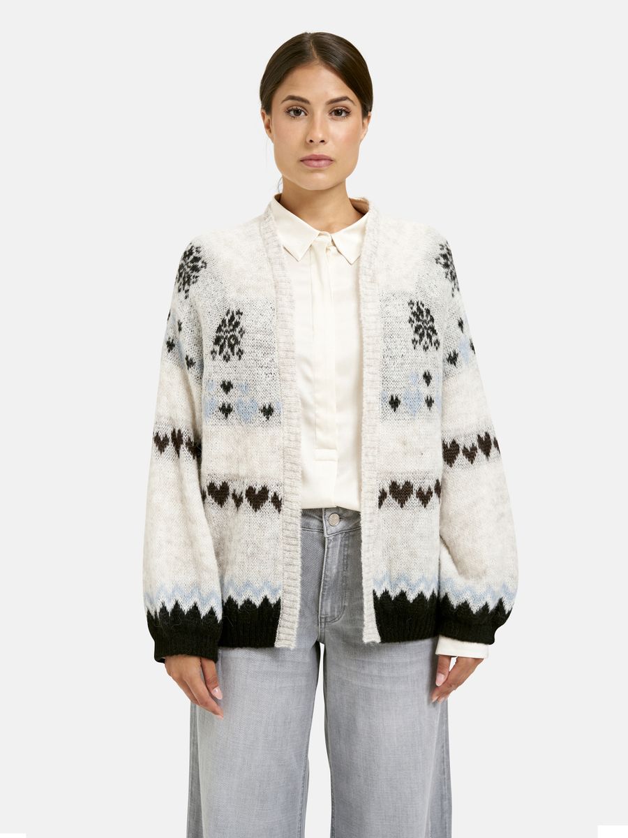 open cardigan w/ intarsia 1/1 raglan sleeve