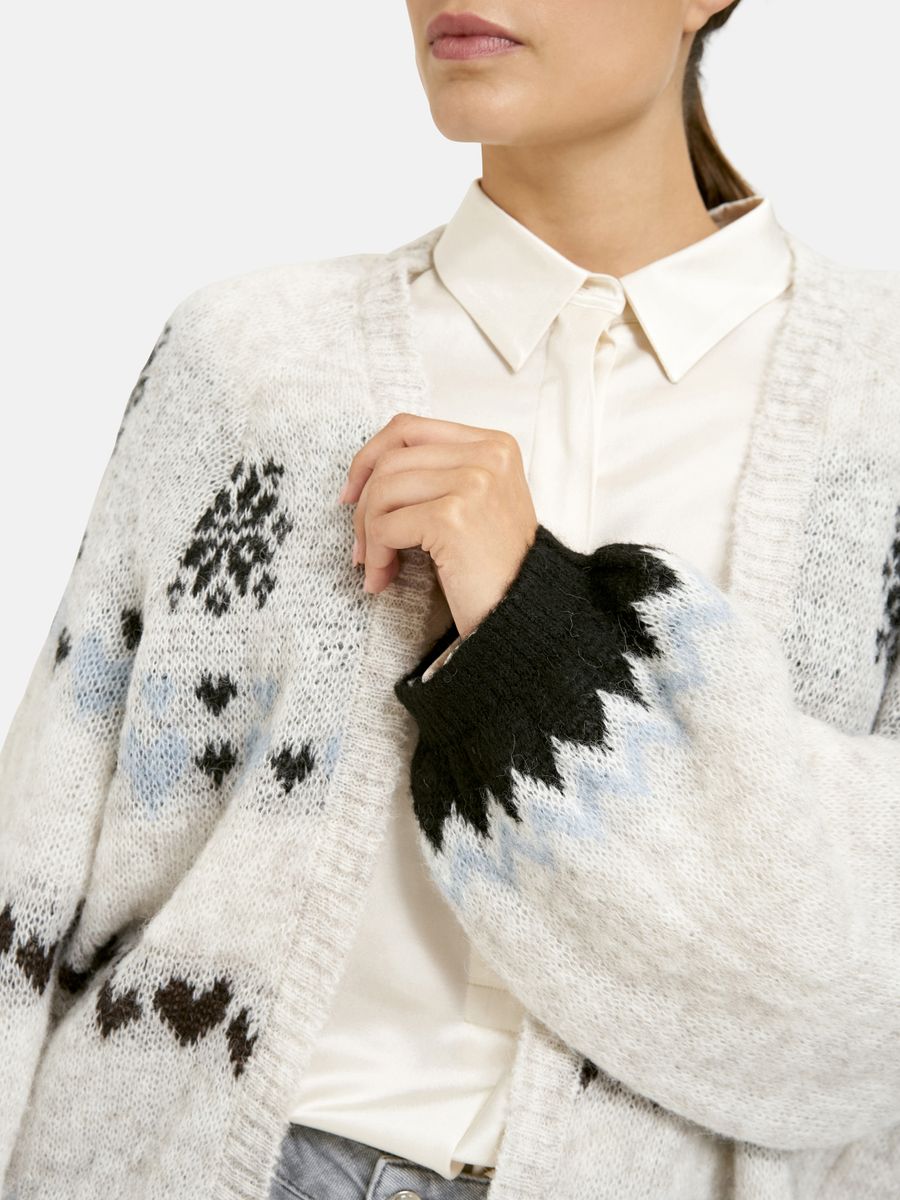 open cardigan w/ intarsia 1/1 raglan sleeve