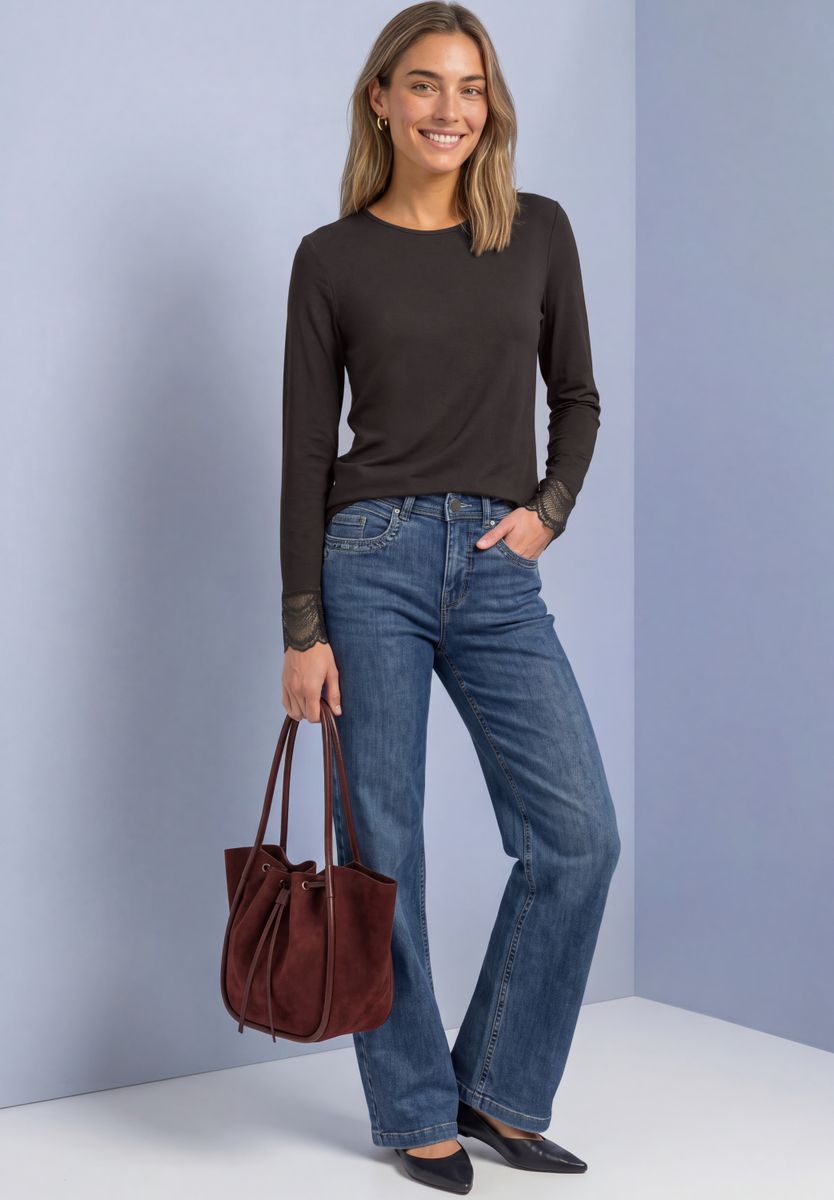 Langarm Shirt mit Rundhals und Spitze
