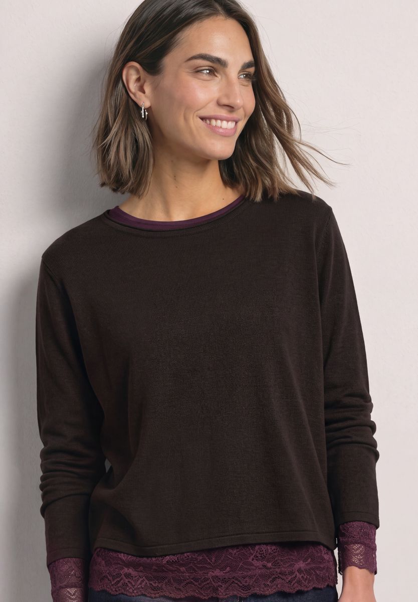 Langarm Shirt mit Boat Neck und Spitze