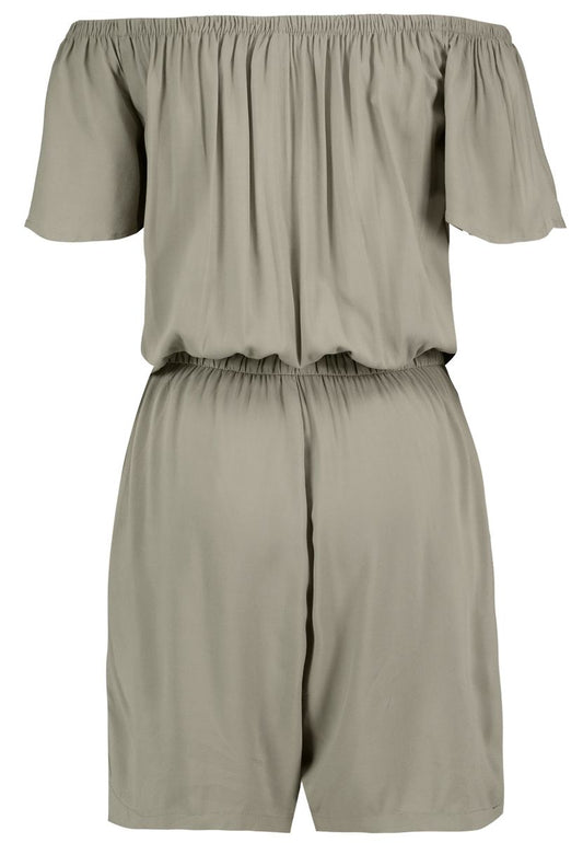 DOB Jumpsuit, CarmenAusschnitt mit Gummi,Kurzarm, Gummibund mit Bindeband in Taille,kurzes Bein, Taschen vorn