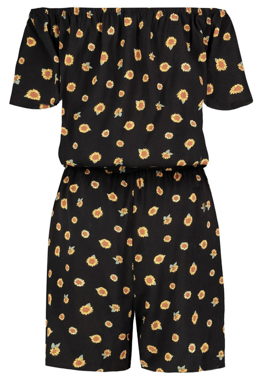 DOB Jumpsuit, CarmenAusschnitt mit Gummi,Kurzarm, Gummibund mit Bindeband in Taille,kurzes Bein, Taschen vorn