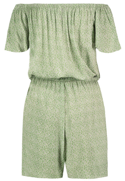 DOB Jumpsuit, CarmenAusschnitt mit Gummi,Kurzarm, Gummibund mit Bindeband in Taille,kurzes Bein, Taschen vorn