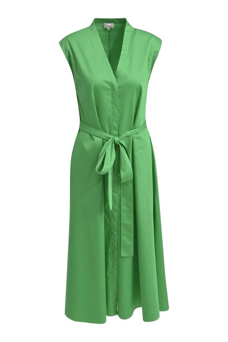 sleeveless Mididress w v-neck, placket + belt