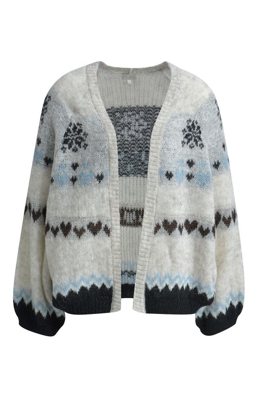 open cardigan w/ intarsia 1/1 raglan sleeve