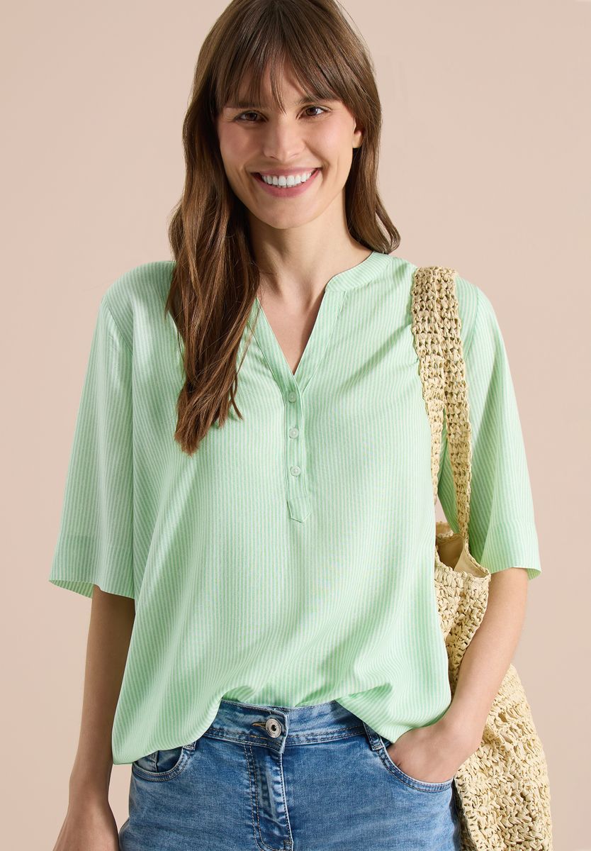 Kurzarm Bluse mit Split Neck und Streifen