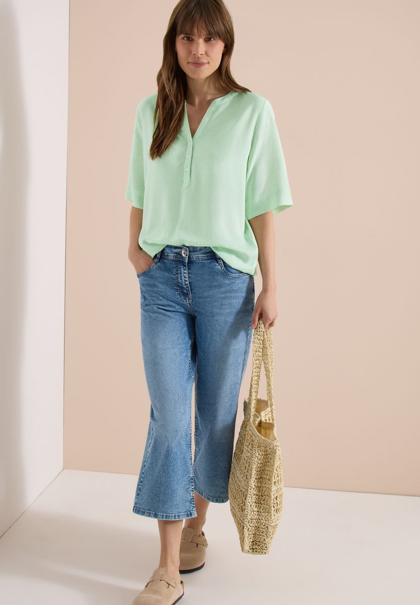 Kurzarm Bluse mit Split Neck und Streifen