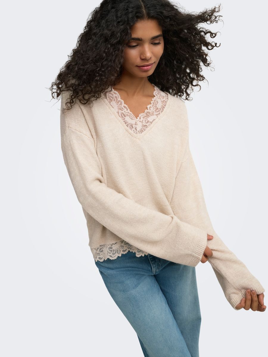 ONLCLOVER LS LACE V-NECK REVERSIBLE KNT