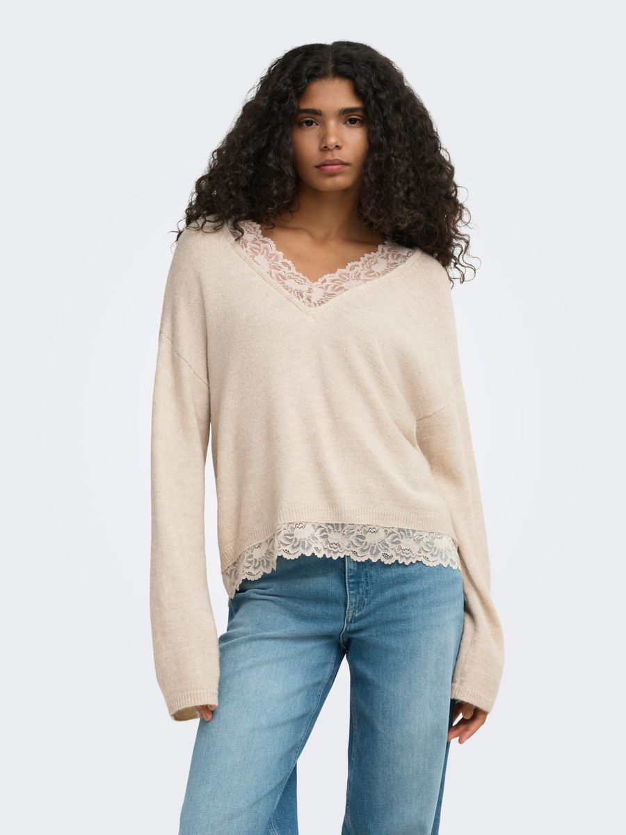 ONLCLOVER LS LACE V-NECK REVERSIBLE KNT