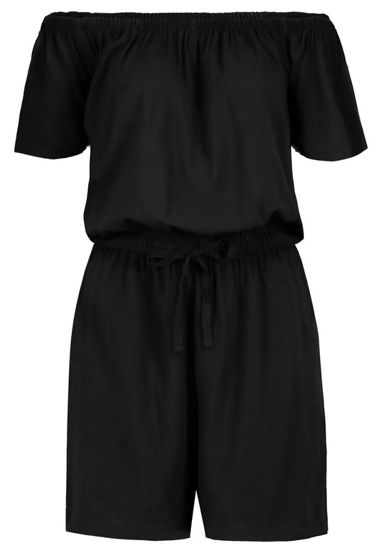 DOB Jumpsuit, CarmenAusschnitt mit Gummi,Kurzarm, Gummibund mit Bindeband in Taille,kurzes Bein, Taschen vorn