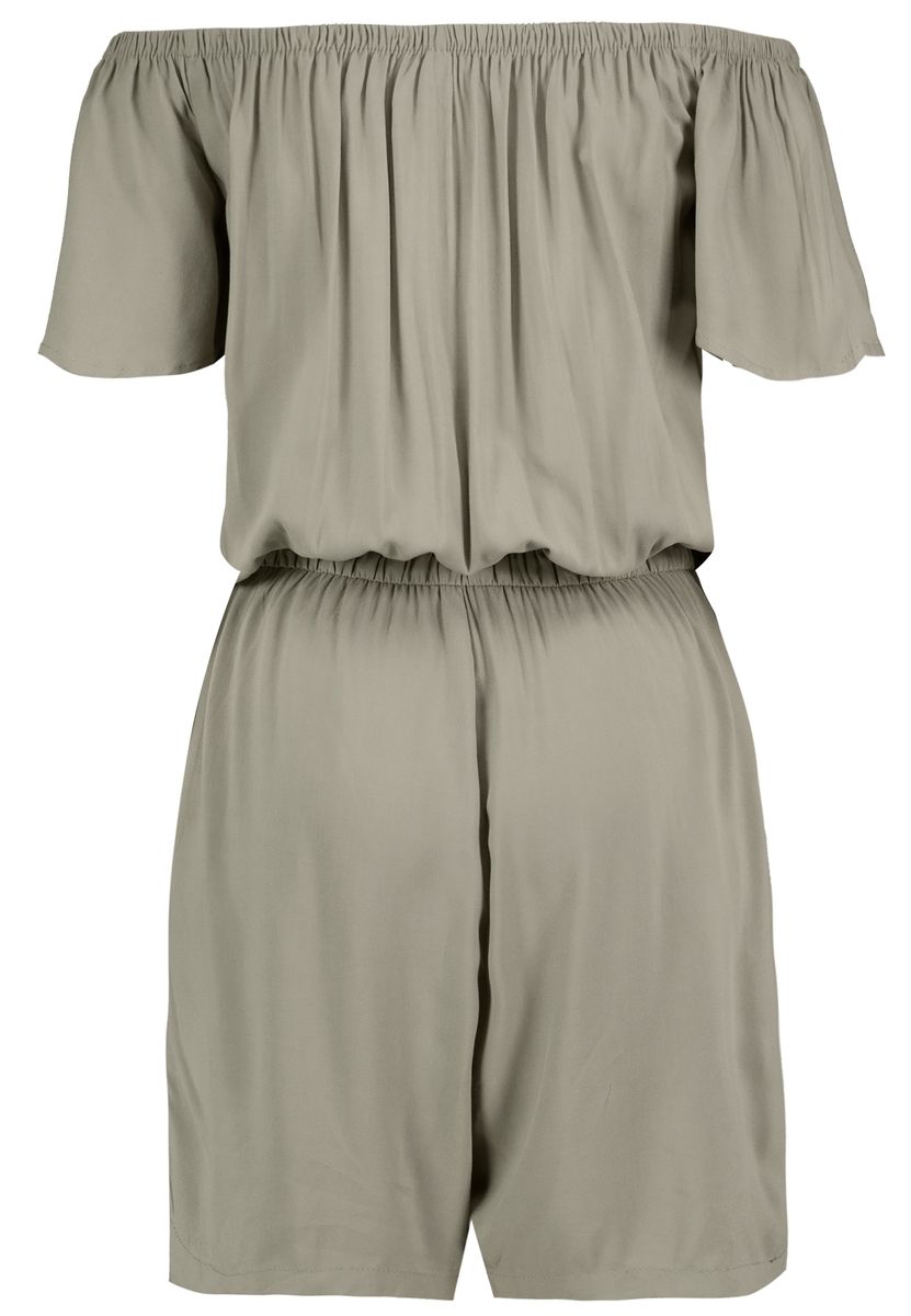 DOB Jumpsuit, CarmenAusschnitt mit Gummi,Kurzarm, Gummibund mit Bindeband in Taille,kurzes Bein, Taschen vorn