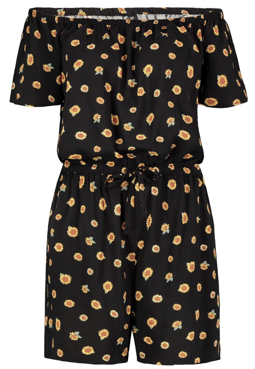 DOB Jumpsuit, CarmenAusschnitt mit Gummi,Kurzarm, Gummibund mit Bindeband in Taille,kurzes Bein, Taschen vorn