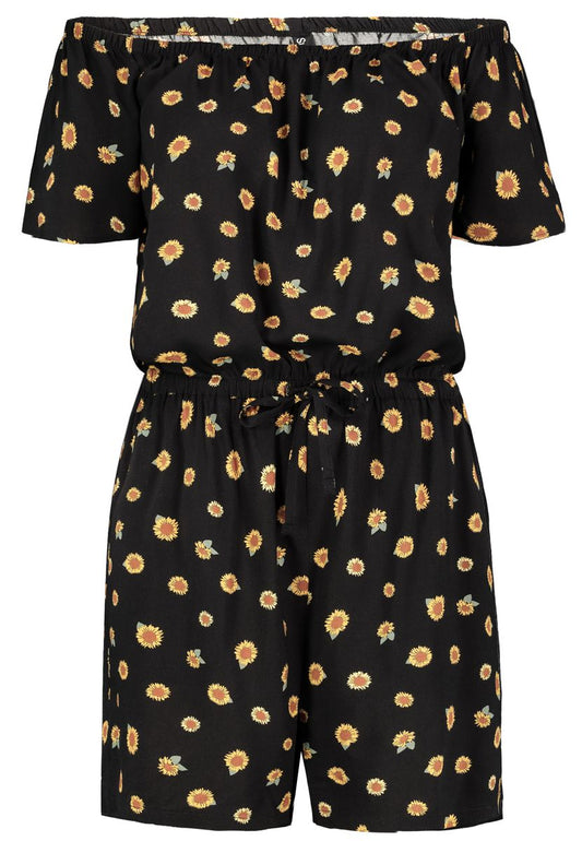 DOB Jumpsuit, CarmenAusschnitt mit Gummi,Kurzarm, Gummibund mit Bindeband in Taille,kurzes Bein, Taschen vorn