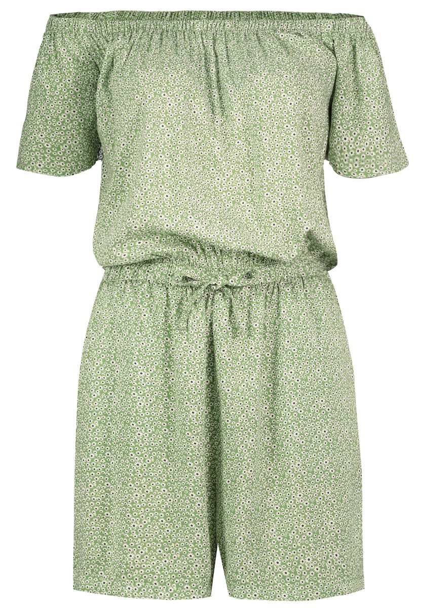 DOB Jumpsuit, CarmenAusschnitt mit Gummi,Kurzarm, Gummibund mit Bindeband in Taille,kurzes Bein, Taschen vorn