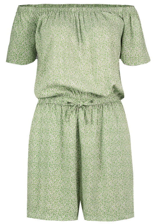 DOB Jumpsuit, CarmenAusschnitt mit Gummi,Kurzarm, Gummibund mit Bindeband in Taille,kurzes Bein, Taschen vorn
