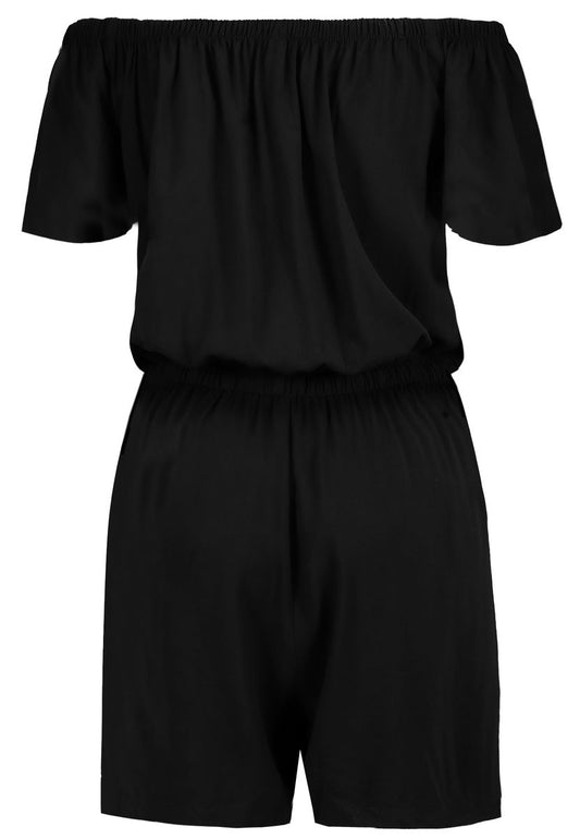 DOB Jumpsuit, CarmenAusschnitt mit Gummi,Kurzarm, Gummibund mit Bindeband in Taille,kurzes Bein, Taschen vorn