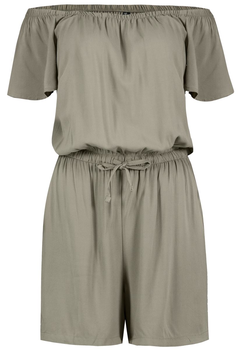 DOB Jumpsuit, CarmenAusschnitt mit Gummi,Kurzarm, Gummibund mit Bindeband in Taille,kurzes Bein, Taschen vorn