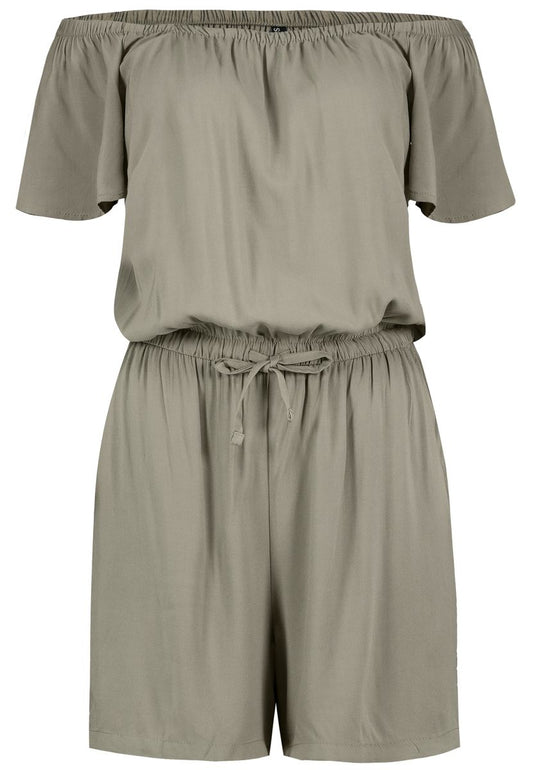DOB Jumpsuit, CarmenAusschnitt mit Gummi,Kurzarm, Gummibund mit Bindeband in Taille,kurzes Bein, Taschen vorn